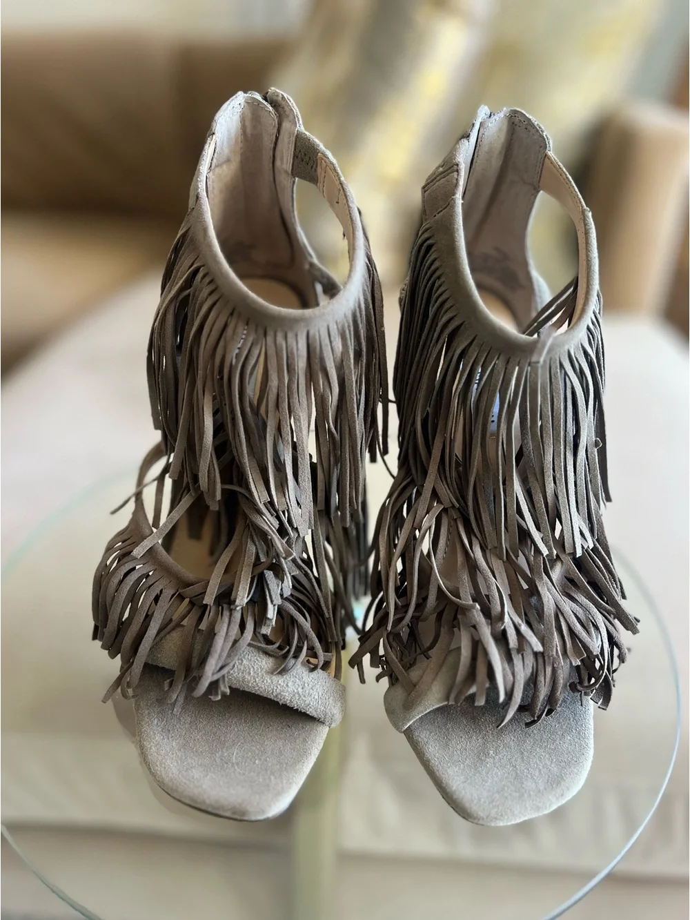 Steve Madden Fringly Taupe Suede Fringe Stiletto Heels Size 7.5